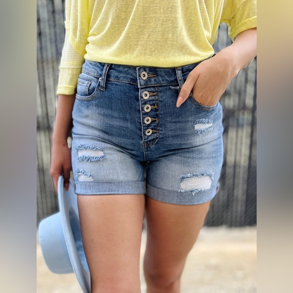 New Special A Double Roll-Up Button Fly Distressed Denim Shorts - Picture 1 of 5